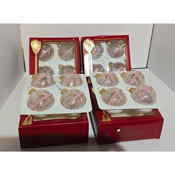 Victoria Collection Glass Pink Glitter Embossed Ornaments 4 Original Boxes (16) - Picture 9 of 9
